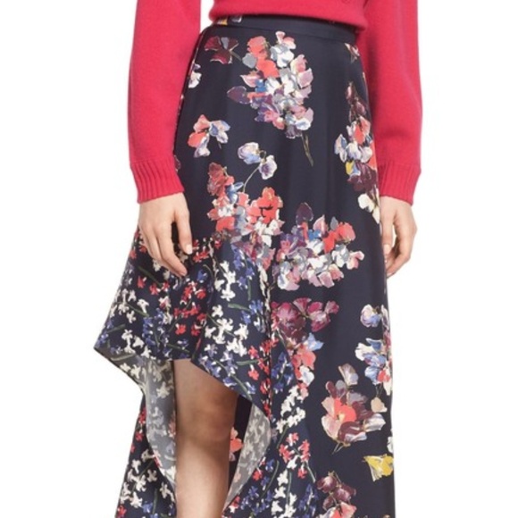 Lewit Asymmetrical Floral 100% Silk Skirt Navy 10